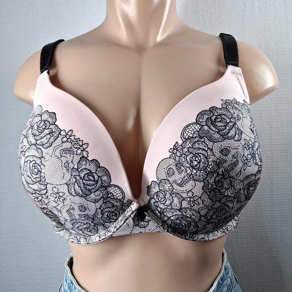 Torrid Pink Bra with Black Faux Lace Skull and Rose Print‎ Women's Size 40DDD
